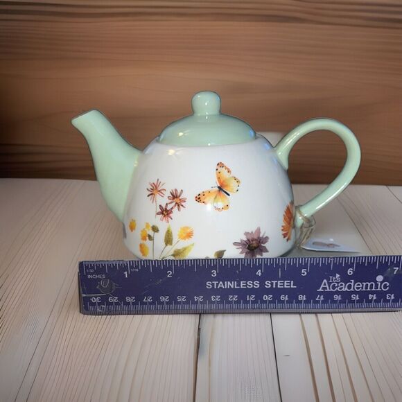 Floral Miniture Teapot Hand Painted Cream And Light Green Butterly Flowers 4.5" - Picture 8 of 9